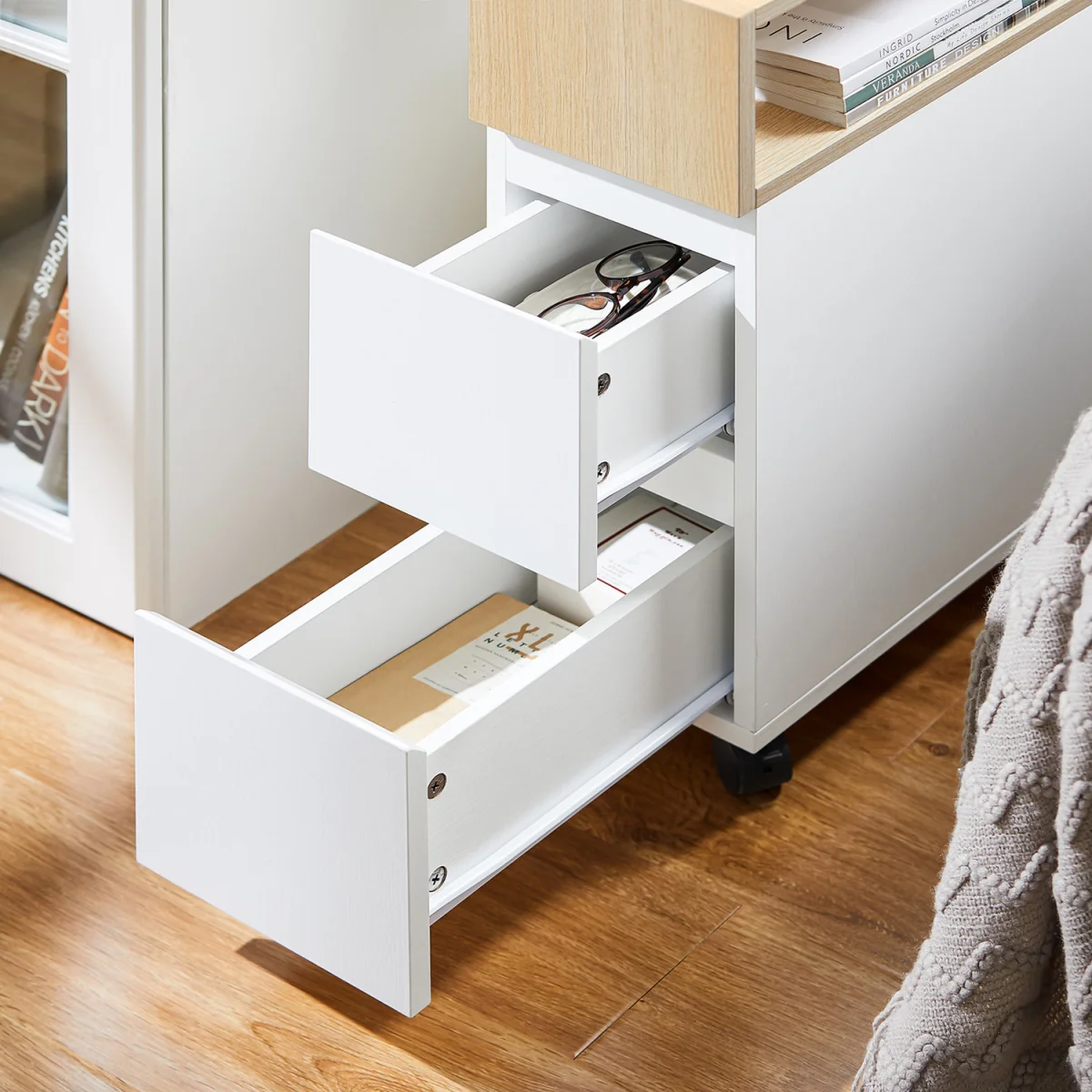 Slim Rolling Side Table with 2 Drawers - White – image 10