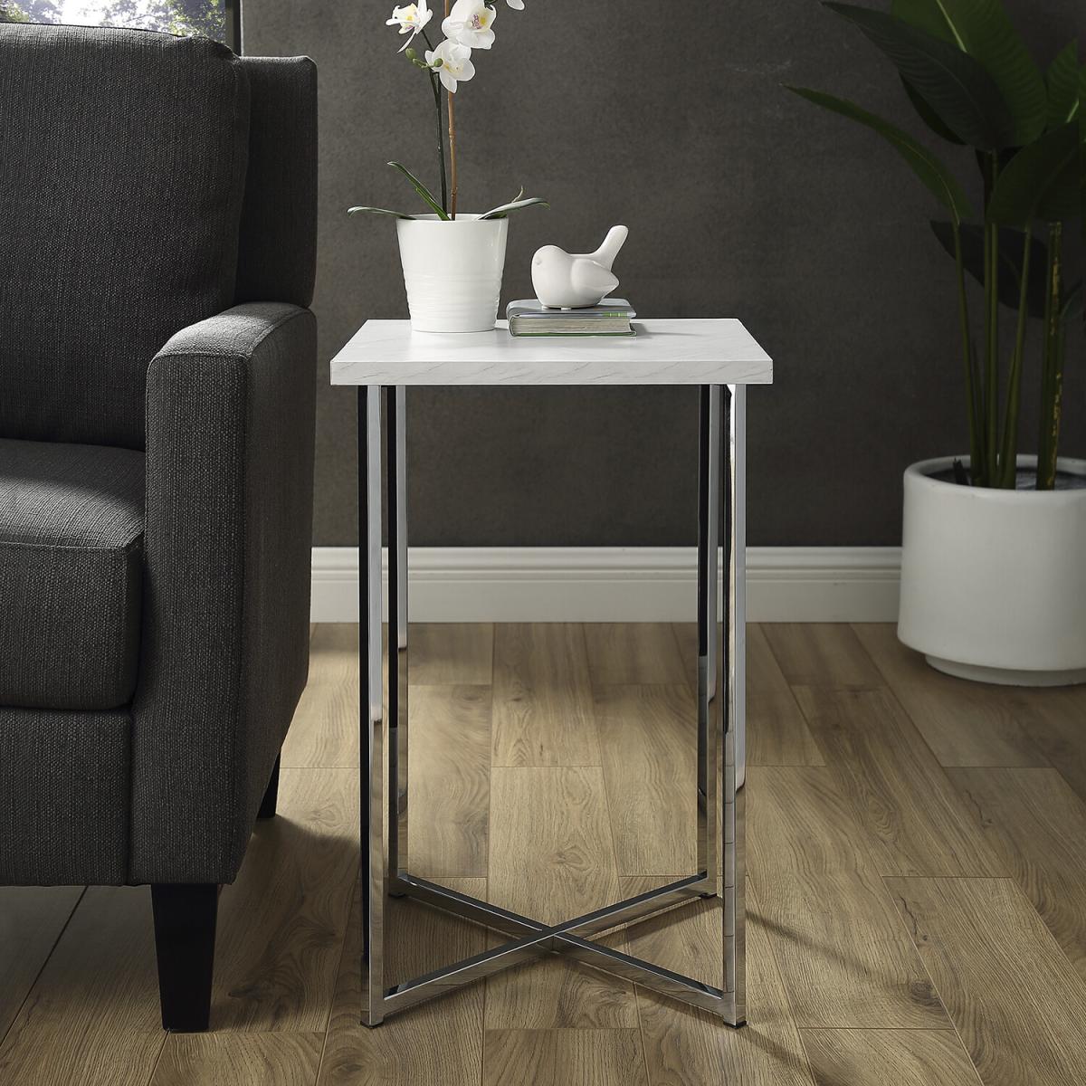 Madison Square Side Table - White Marble & Chrome – image 3