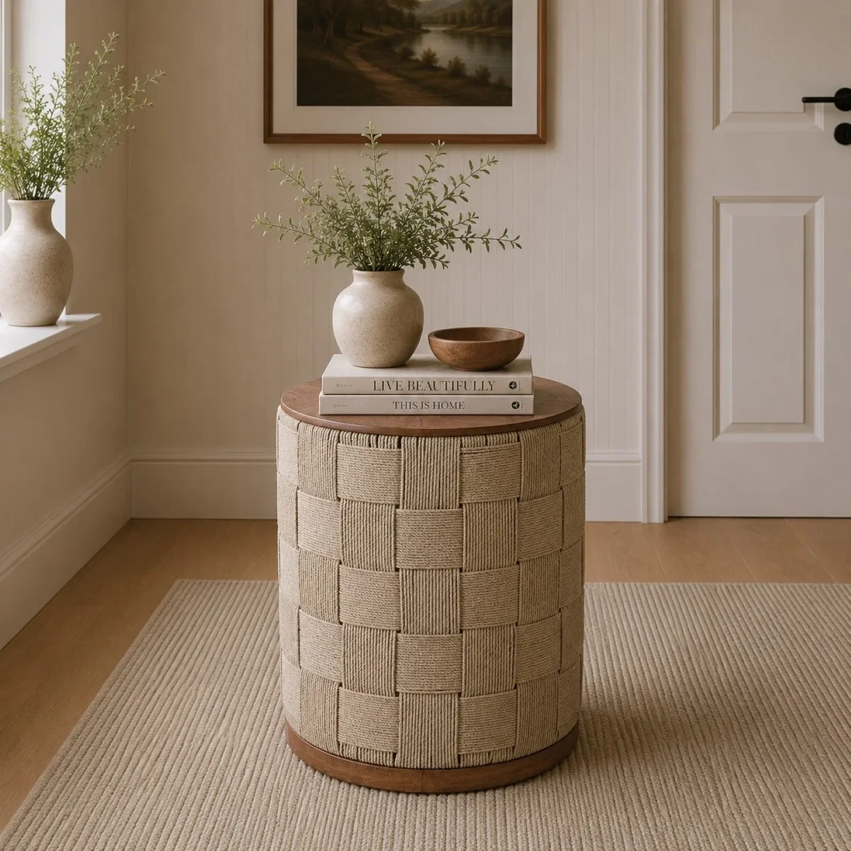 Round Woven Rope Side Table with Solid Oak Wood Top - Natural – image 2