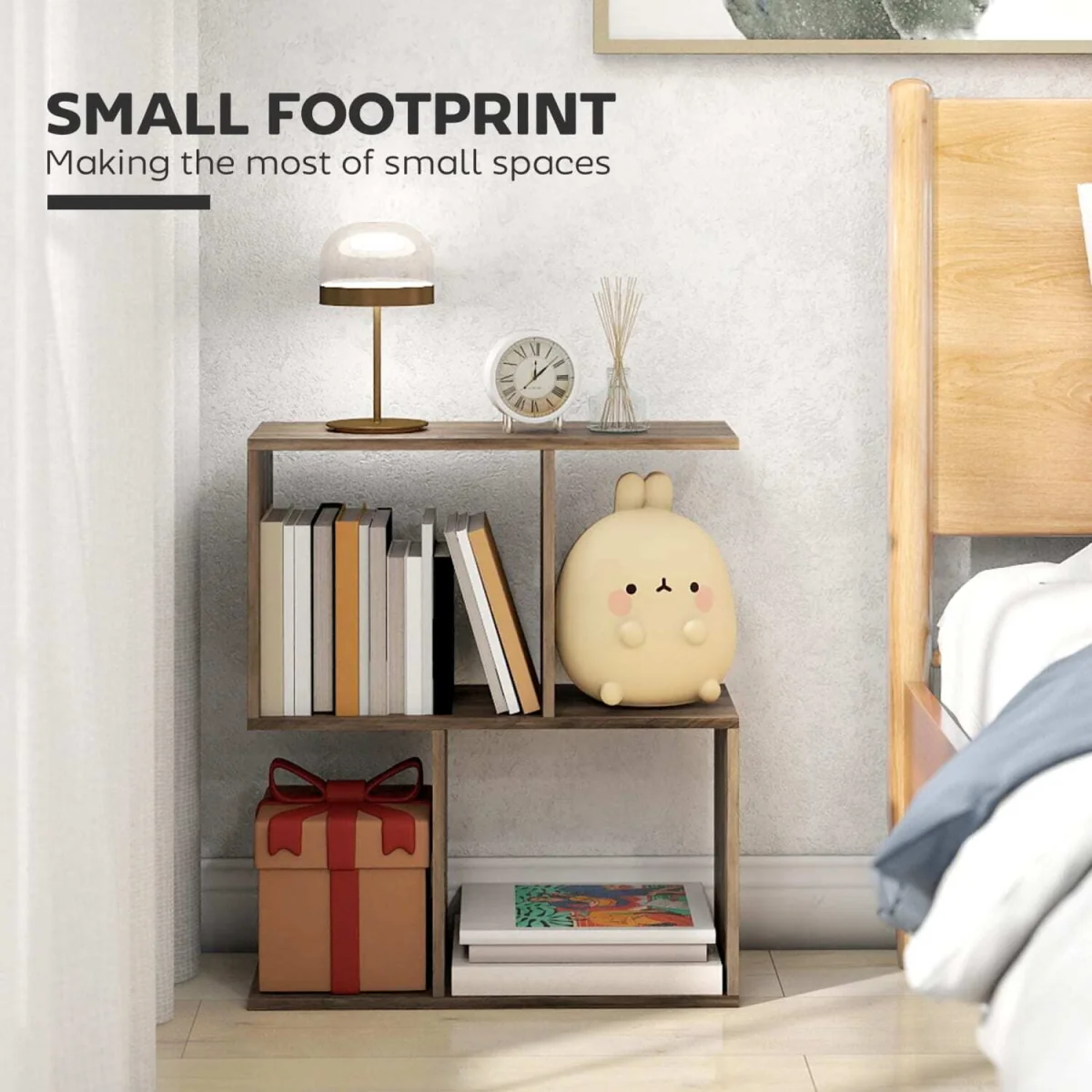 Tolezi Oak Narrow S-Shaped Side Table with 3-Tier Storage – image 2