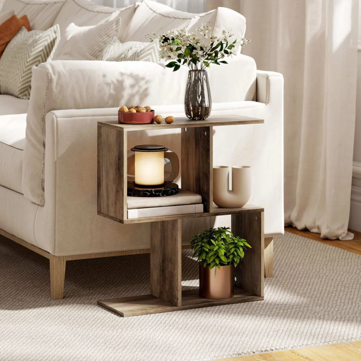 Tolezi Oak Narrow S-Shaped Side Table with 3-Tier Storage – image 4