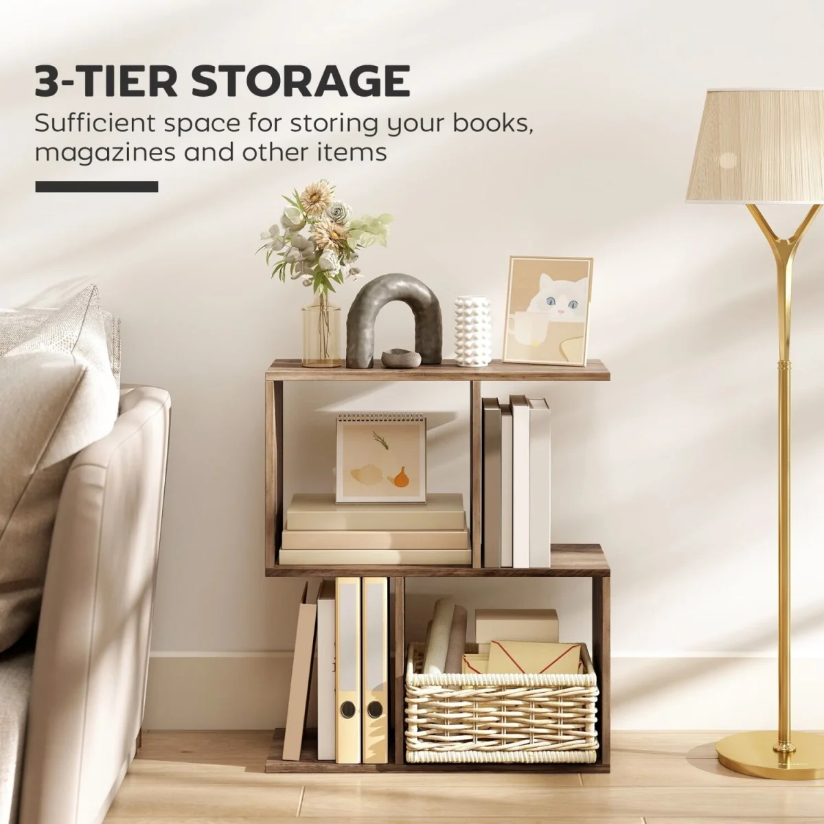 Tolezi Oak Narrow S-Shaped Side Table with 3-Tier Storage – image 6