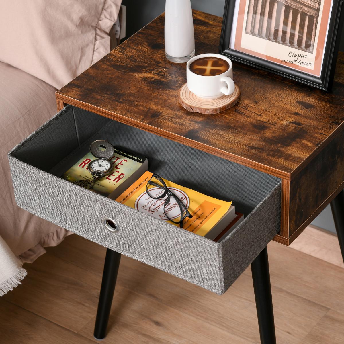 Retro Side Table with Removable Fabric Drawer - Brown – image 2