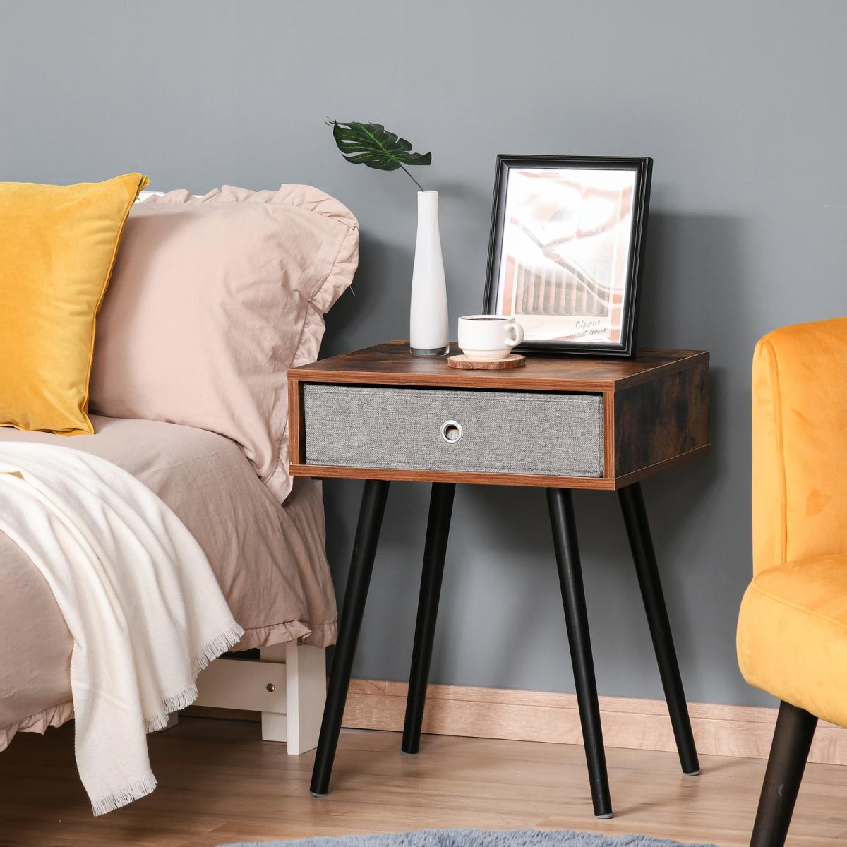 Retro Side Table with Removable Fabric Drawer - Brown – image 10