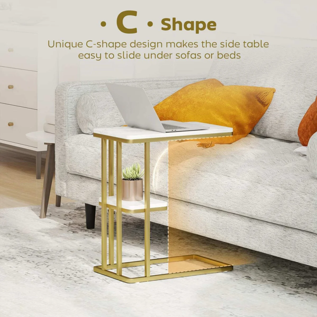Neso Slim C-Shaped Side Table - White Marble-Grain Top, Gold-Tone Frame, 2-Tier Storage – image 2