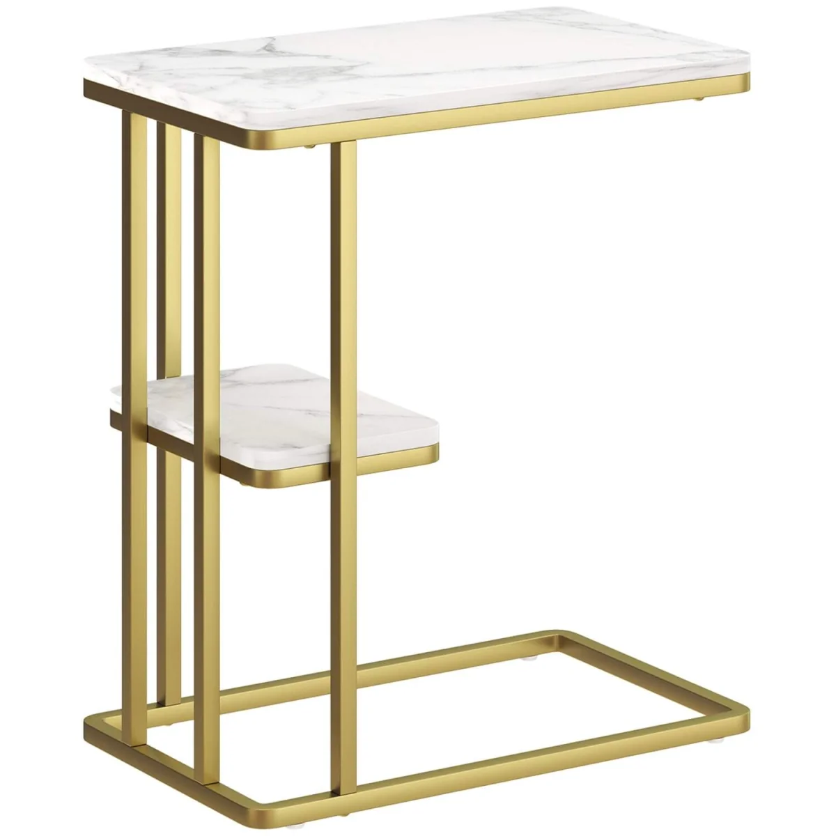 Neso Slim C-Shaped Side Table - White Marble-Grain Top, Gold-Tone Frame, 2-Tier Storage – image 3
