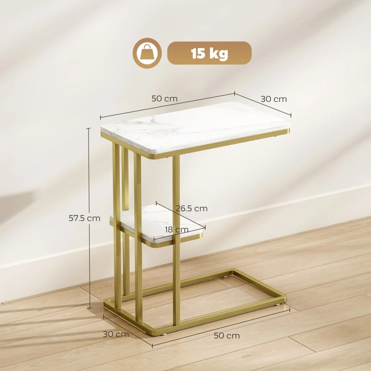 Neso Slim C-Shaped Side Table - White Marble-Grain Top, Gold-Tone Frame, 2-Tier Storage – image 4