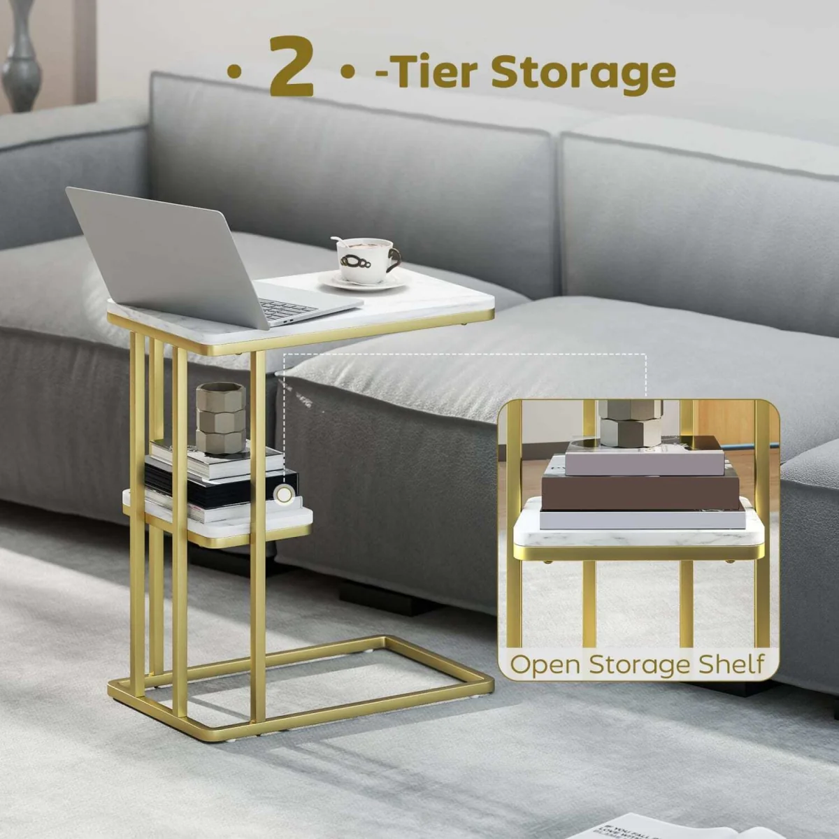 Neso Slim C-Shaped Side Table - White Marble-Grain Top, Gold-Tone Frame, 2-Tier Storage – image 5