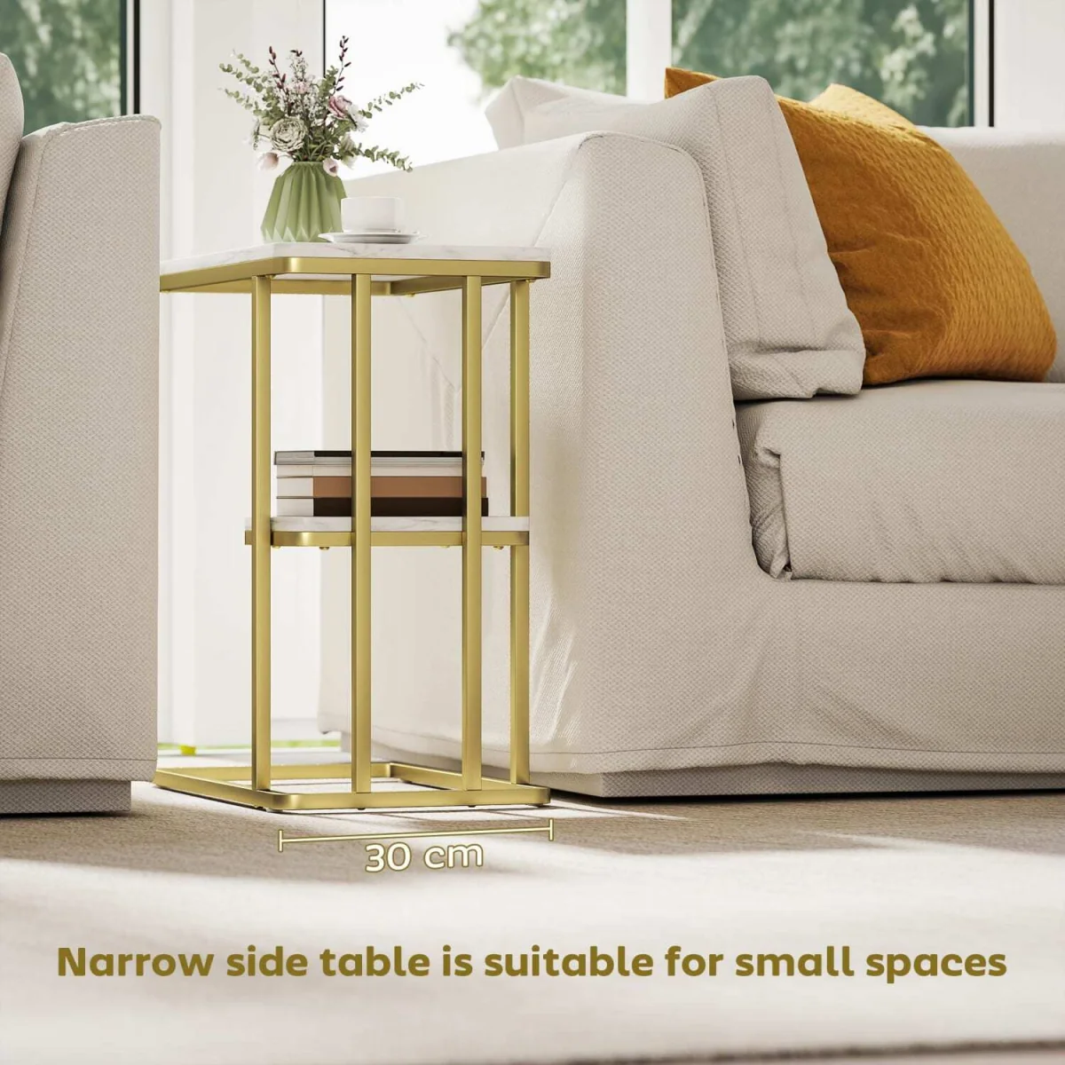 Neso Slim C-Shaped Side Table - White Marble-Grain Top, Gold-Tone Frame, 2-Tier Storage – image 6