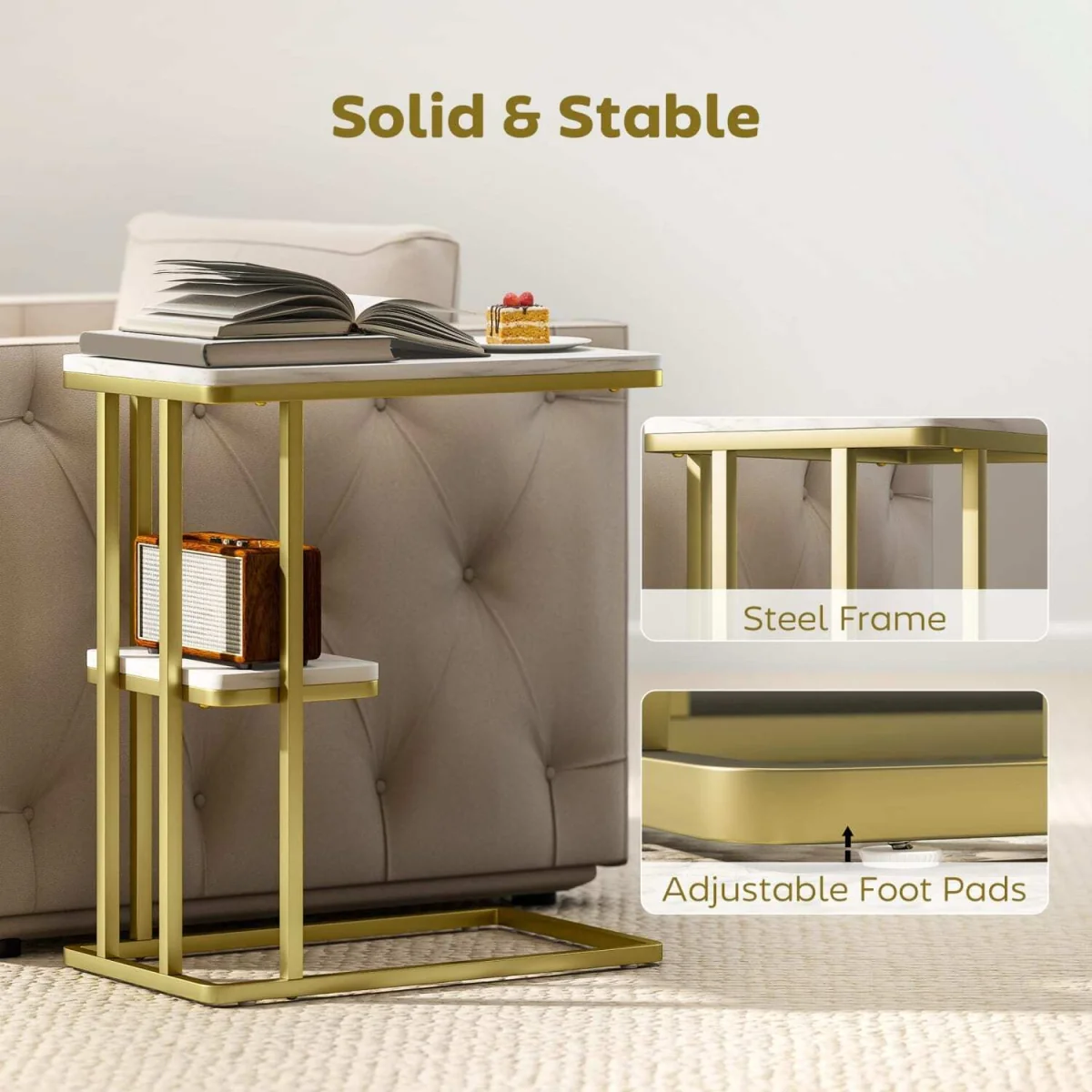 Neso Slim C-Shaped Side Table - White Marble-Grain Top, Gold-Tone Frame, 2-Tier Storage – image 7