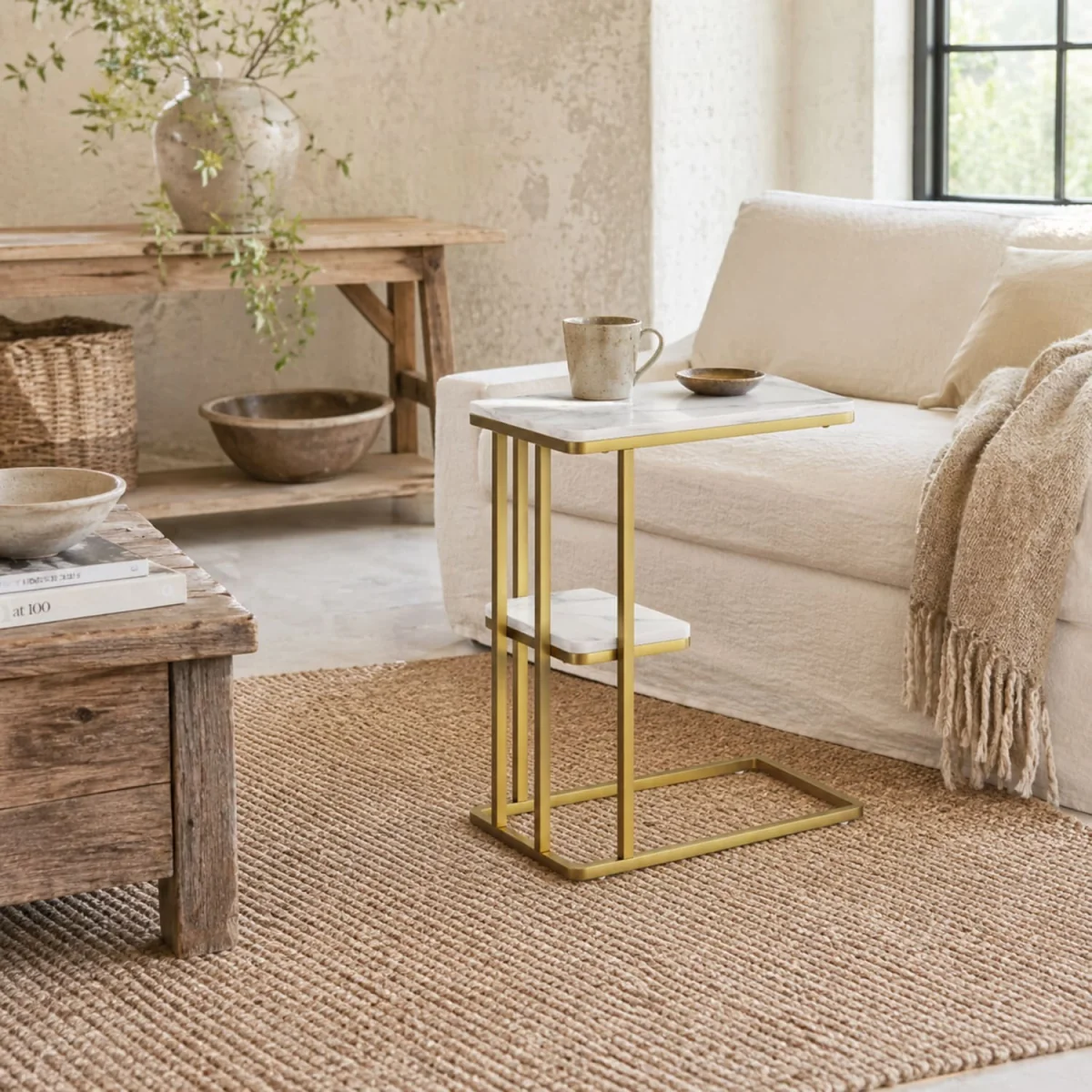 Neso Slim C-Shaped Side Table - White Marble-Grain Top, Gold-Tone Frame, 2-Tier Storage – image 1