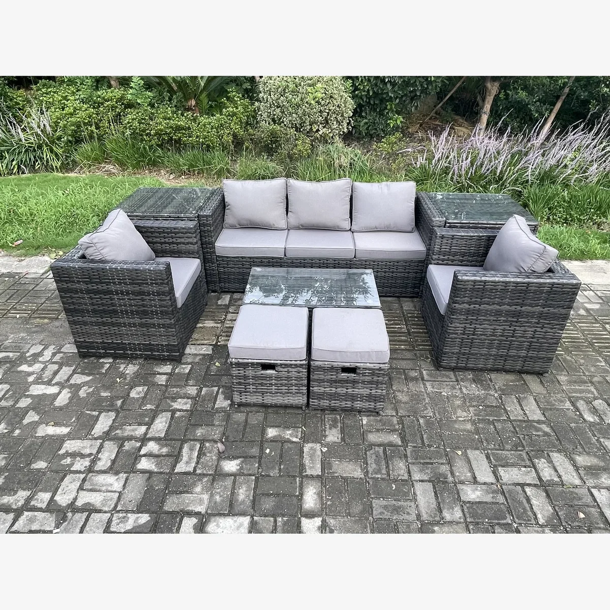 Fimous Rattan Lounge Set with 3-Seater Sofa, 2 Side Tables & Stools - Dark Grey – image 1