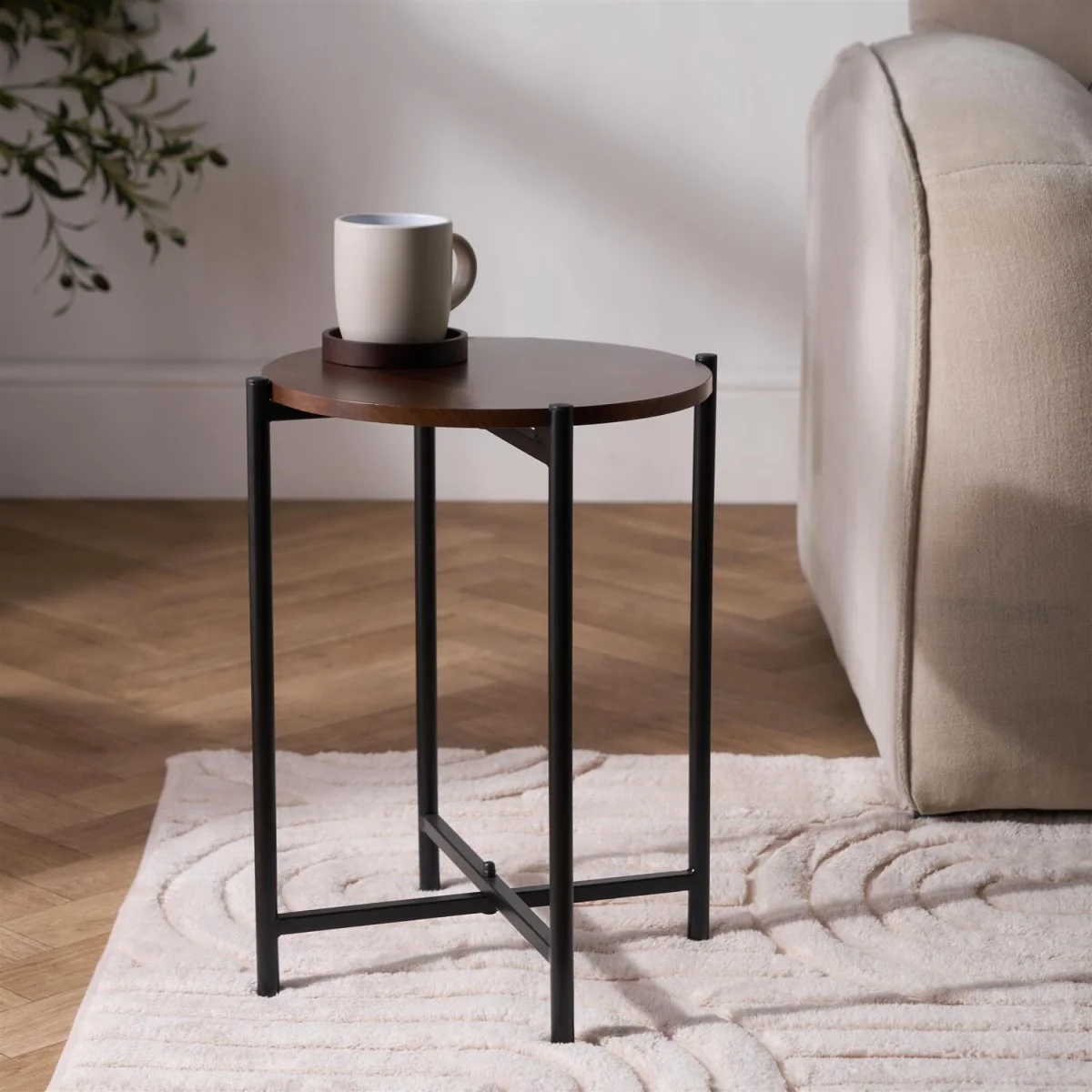 Marble Effect Round Side Table - Dark Wood – image 3