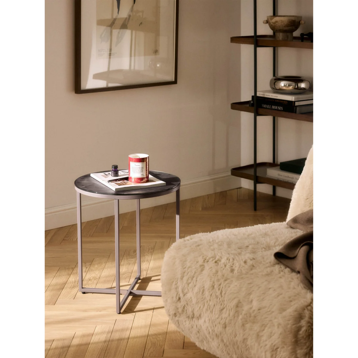 Round Side Table Antigua with Marble Effect Glass Top – image 6