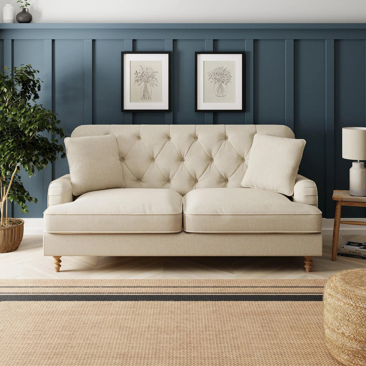 Beatrice Fabric Buttoned 3 Seater Sofa Bed Luna Natural – image 2
