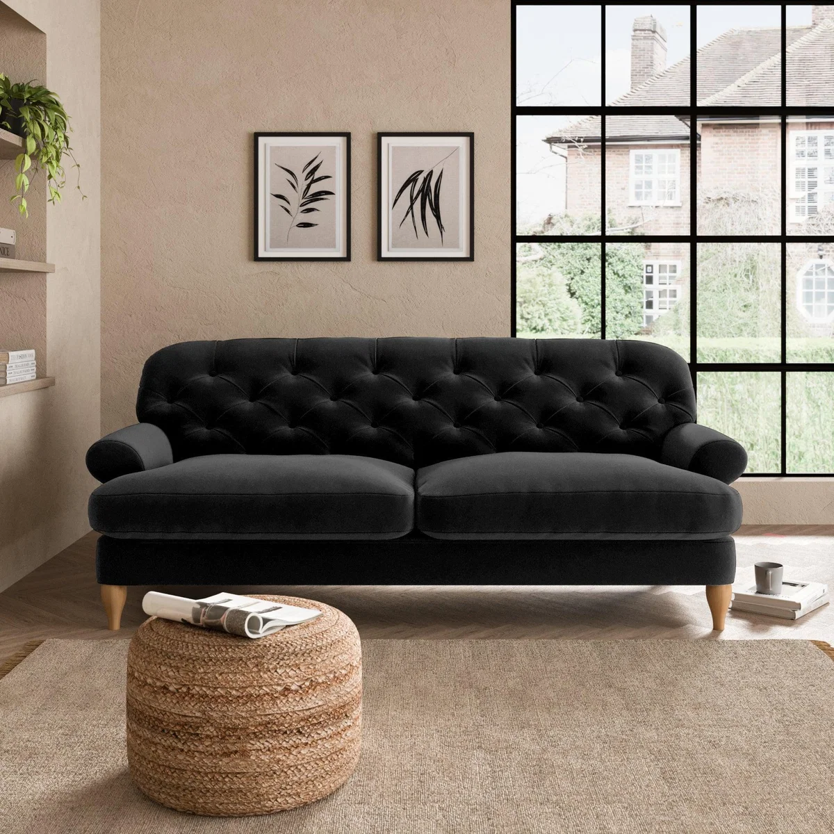 Canterbury Luxury Velvet 3 Seater Sofa Luxury Velvet Black – image 1