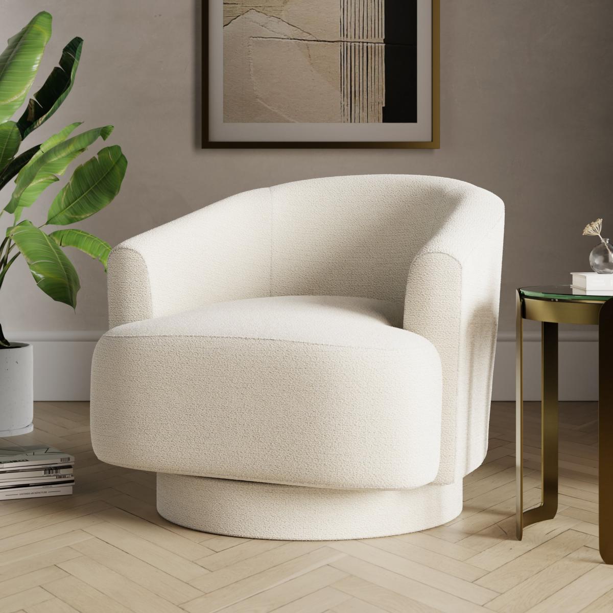 Carmen Curved Chunky Chenille Swivel Chair, Ivory White – image 2