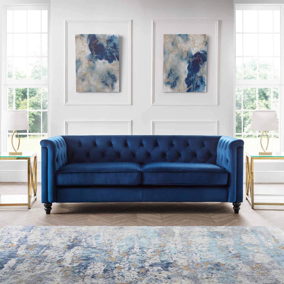 Sandringham Velvet 3 Seater Sofa Blue – image 1