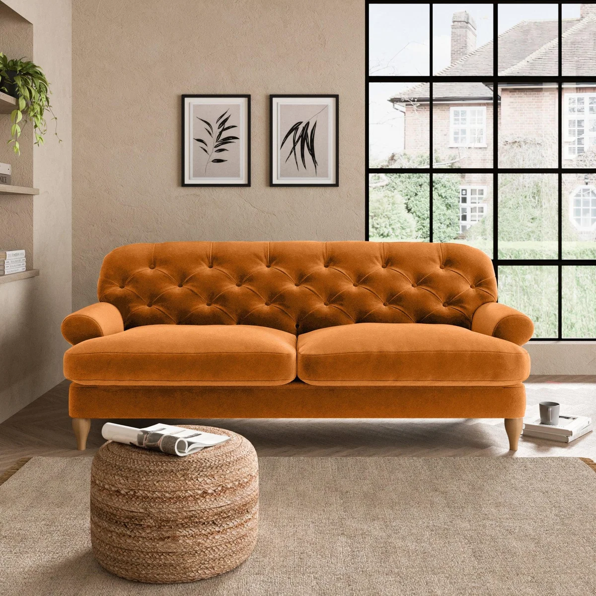 Canterbury Luxury Velvet 3 Seater Sofa Luxury Velvet Orange Umber – image 1