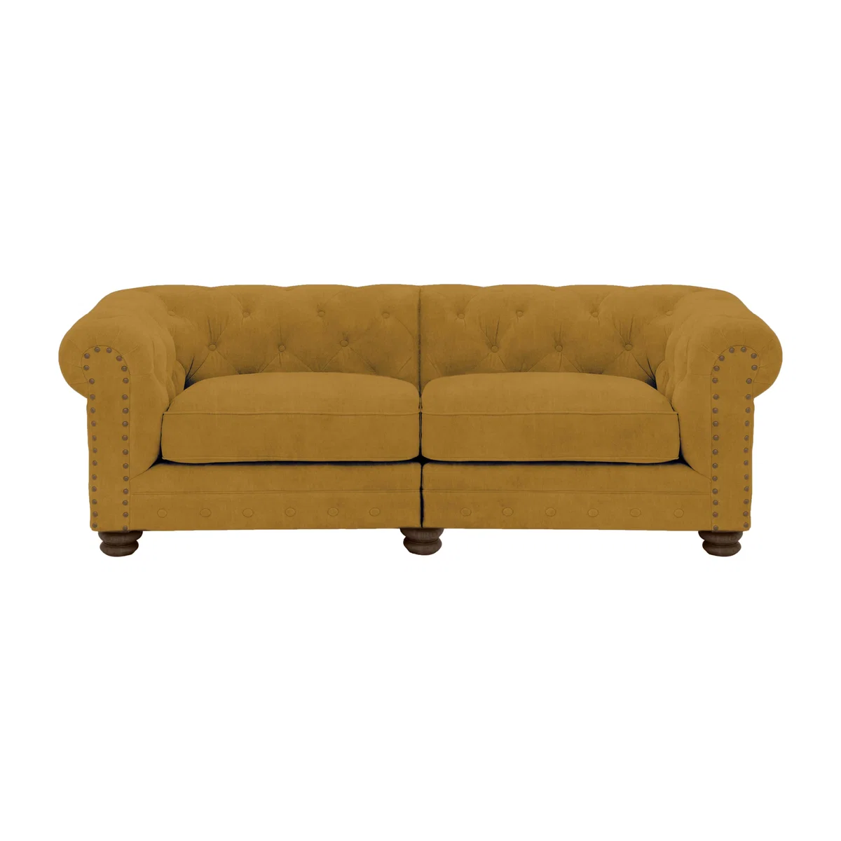 Alexander and James - Chesterfield Collection Hugo 3 Seater Split Frame Fabric Sofa - Turmeric with Studs - Dark Feet
