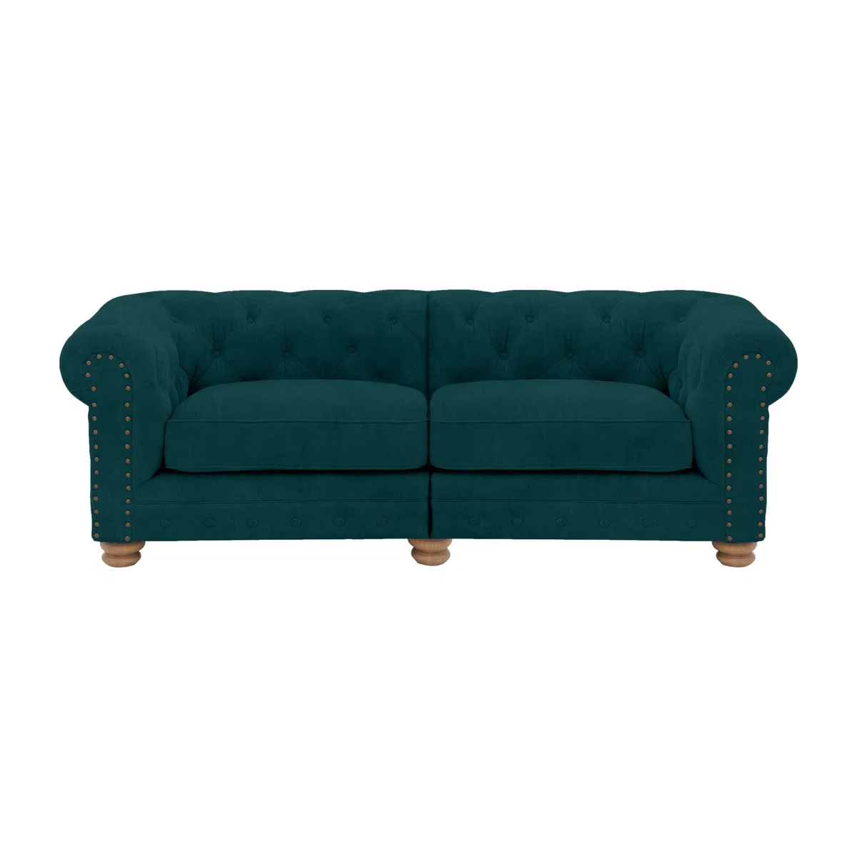 Alexander and James - Chesterfield Collection Hugo 3 Seater Split Frame Fabric Sofa - Peacock with Studs - Oak Feet