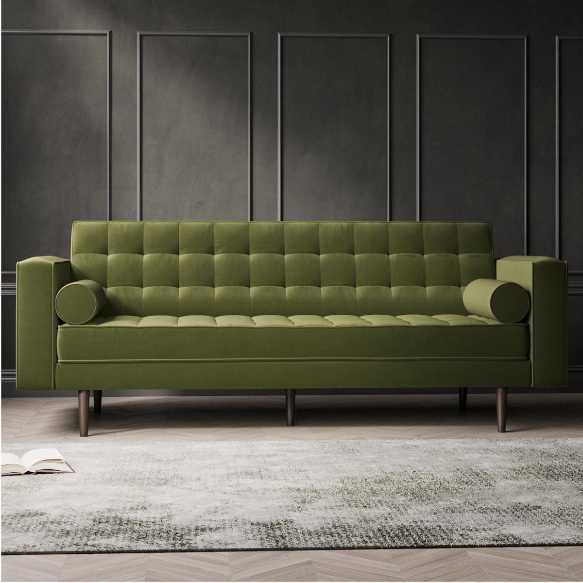 Olive Green Velvet 3 Seater Sofa - Zane – image 1
