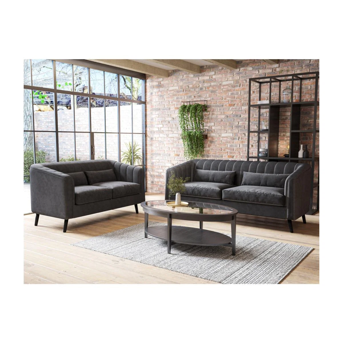 Grey Velvet 3 Seater Sofa & 2 Seater Sofa Set - Lotti – image 1
