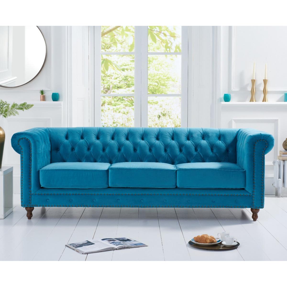 Milano Chesterfield Teal Plush Velvet 3 Seater Sofa – image 3