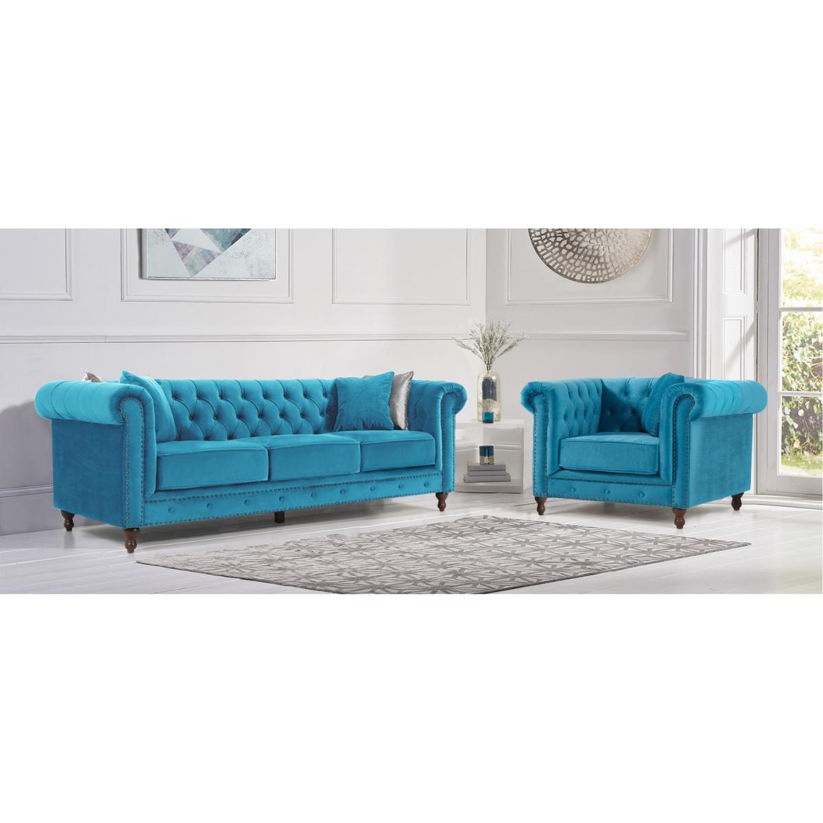 Milano Chesterfield Teal Plush Velvet 3 Seater Sofa – image 10