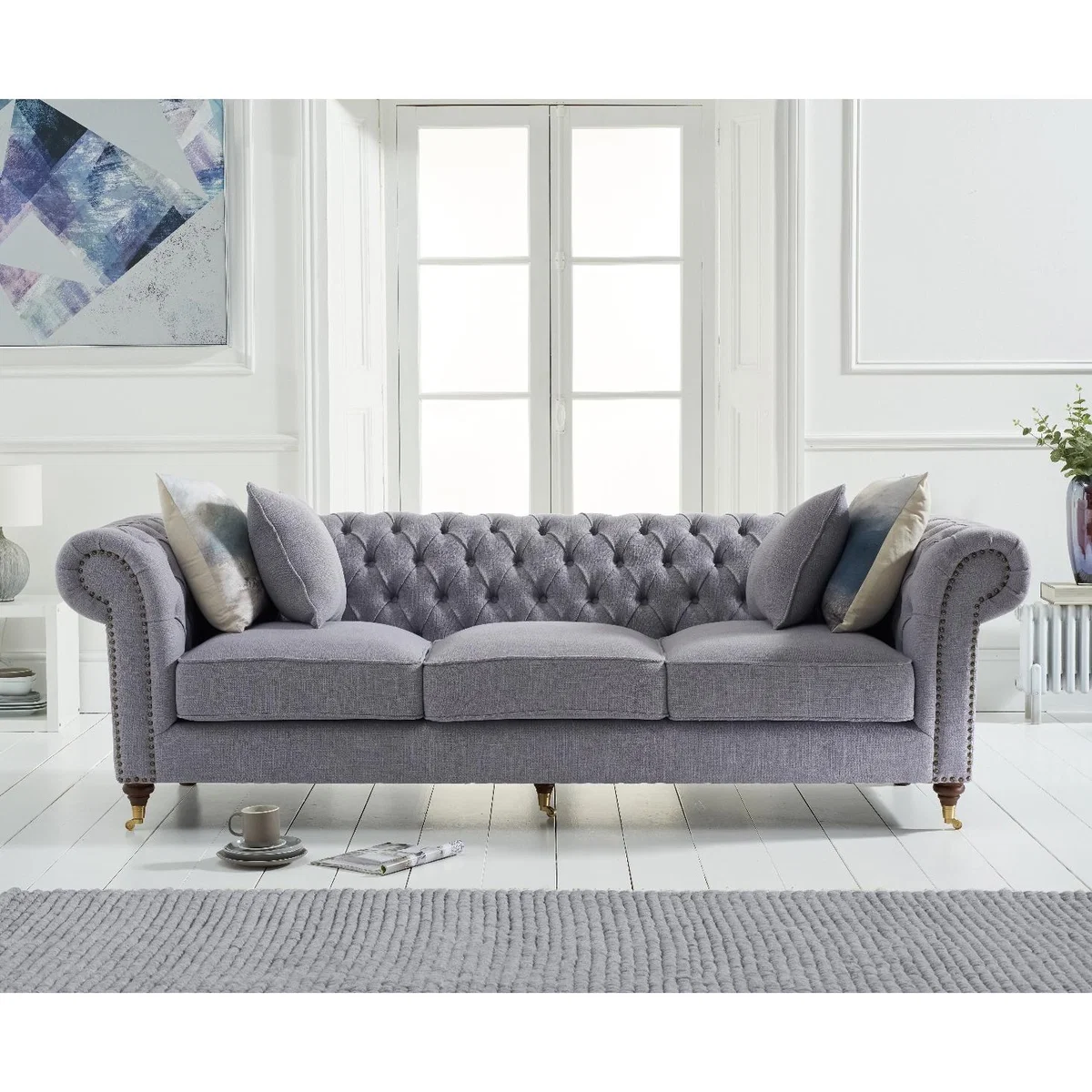 Carrara Chesterfield Grey Linen 3 Seater Sofa – image 2