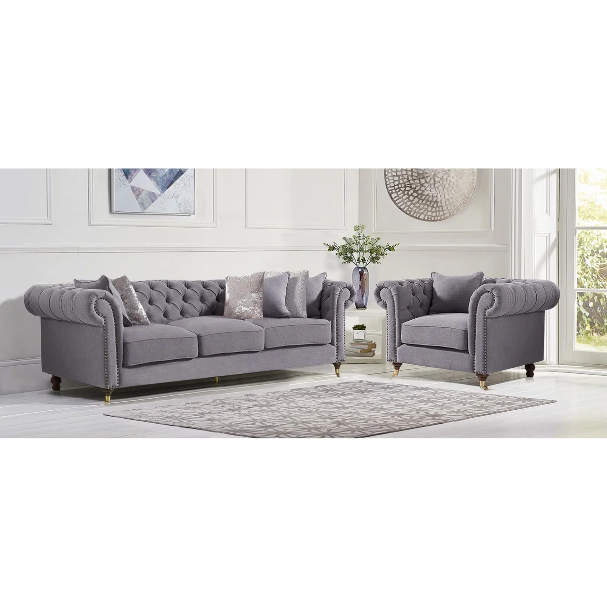 Carrara Chesterfield Grey Linen 3 Seater Sofa – image 3