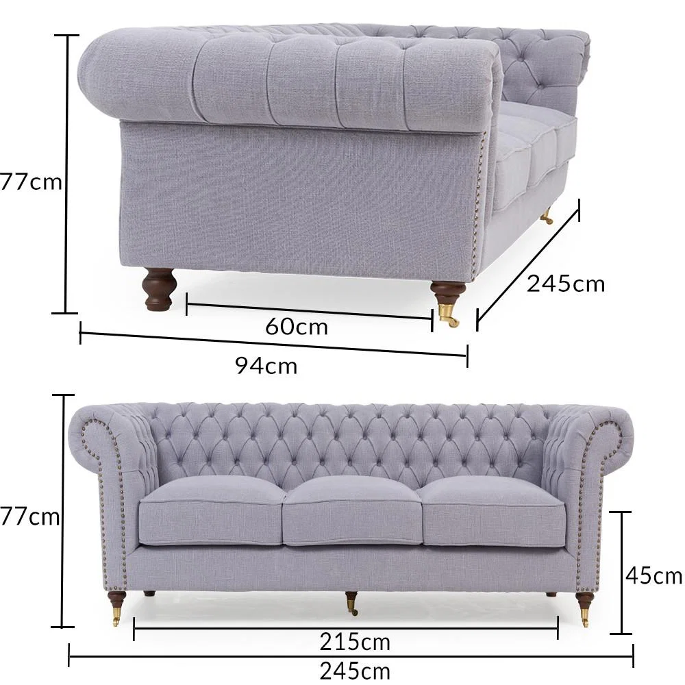 Carrara Chesterfield Grey Linen 3 Seater Sofa – image 4