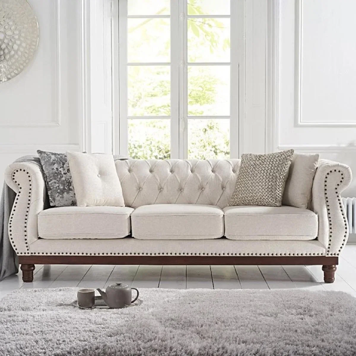 Henbury Chesterfield Ivory Linen Fabric 3 Seater Sofa – image 1