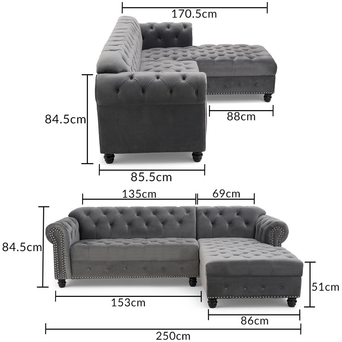 Blake Right Facing Grey Velvet 3 Seater Chaise Corner Sofa – image 13