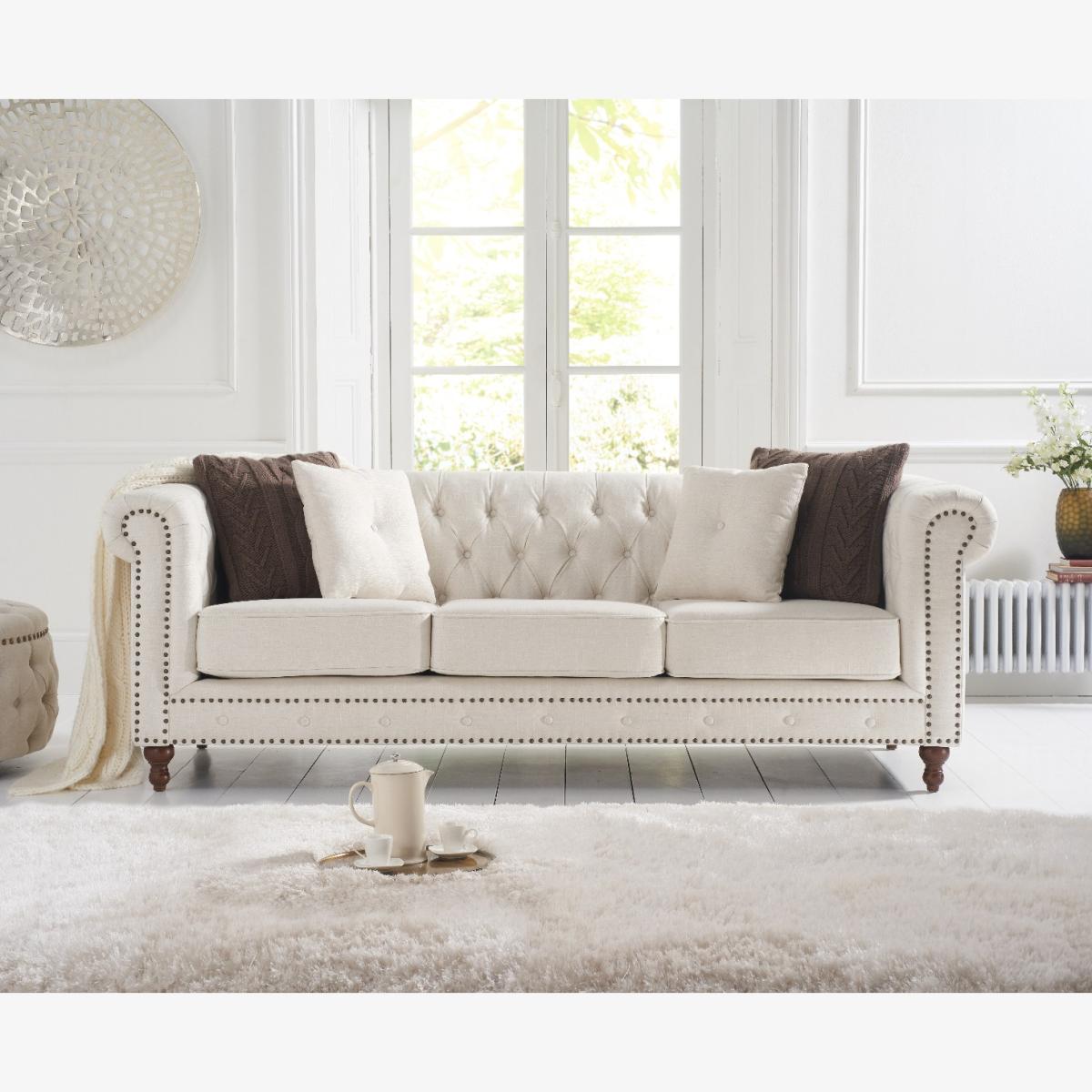 Westminster Chesterfield Ivory Linen 3 Seater Sofa – image 1