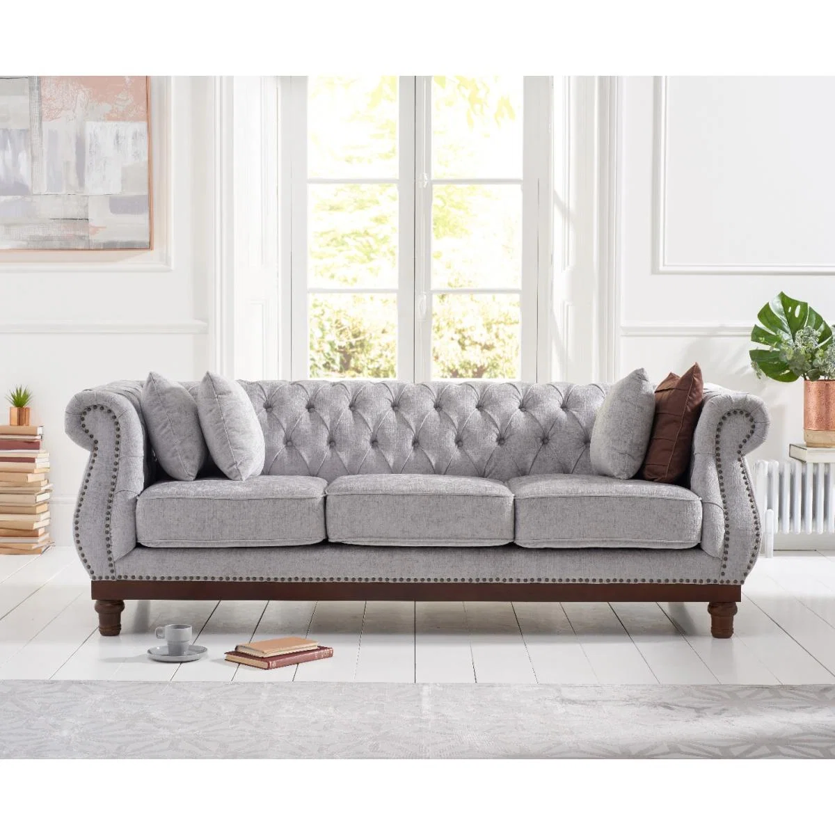 Henbury Chesterfield Grey Plush Fabric 3 Seater Sofa – image 2
