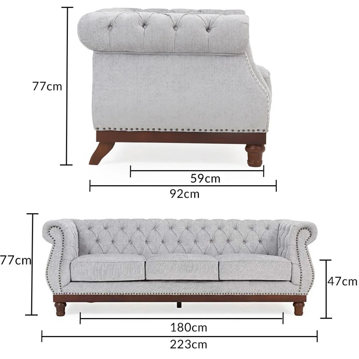 Henbury Chesterfield Grey Plush Fabric 3 Seater Sofa – image 12