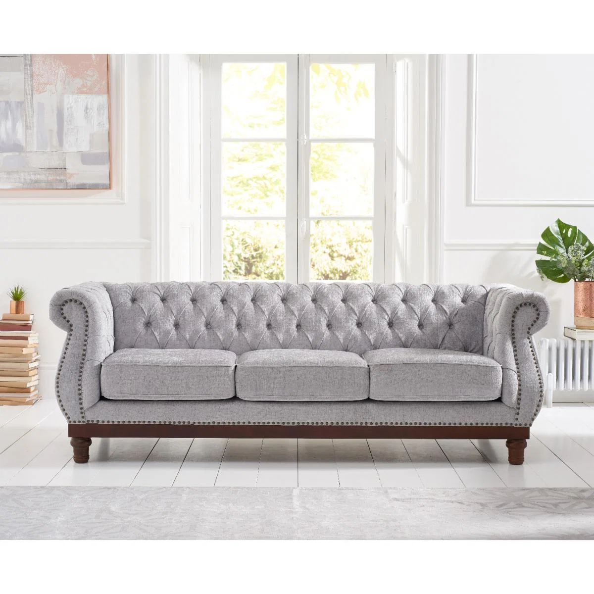 Henbury Chesterfield Grey Plush Fabric 3 Seater Sofa – image 3