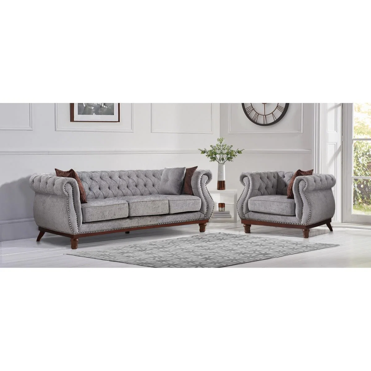 Henbury Chesterfield Grey Plush Fabric 3 Seater Sofa – image 9