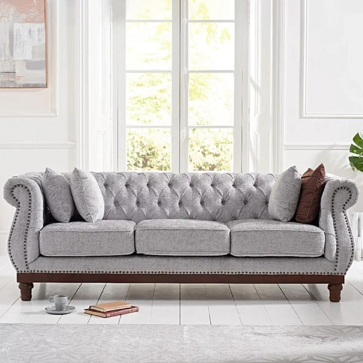 Henbury Chesterfield Grey Plush Fabric 3 Seater Sofa – image 1