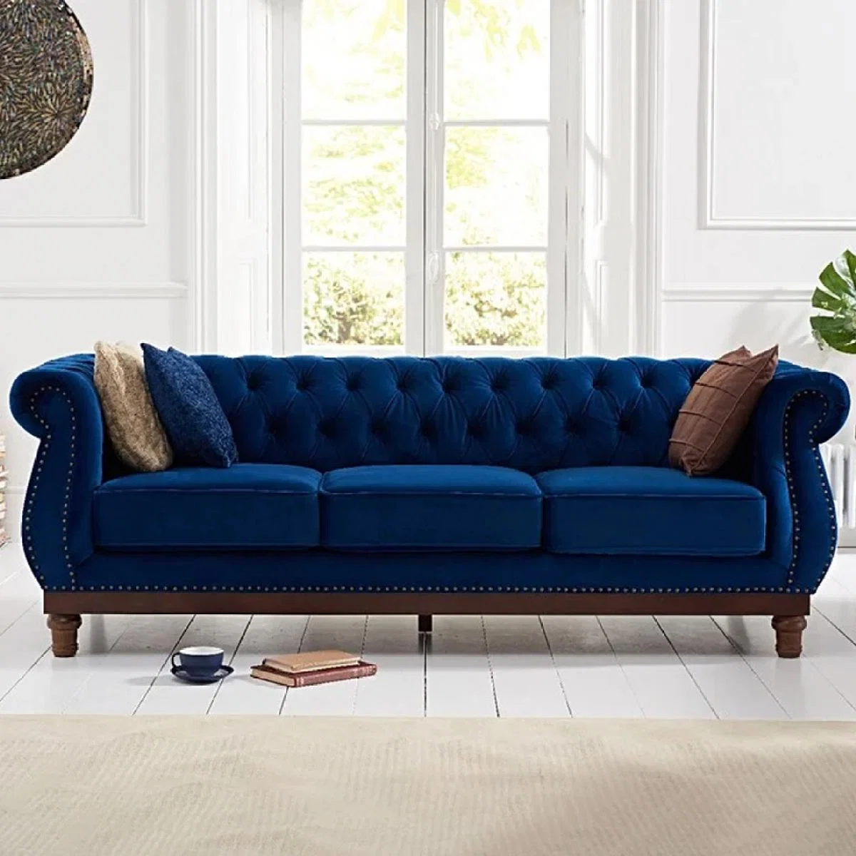 Henbury Chesterfield Blue Plush Velvet 3 Seater Sofa – image 1