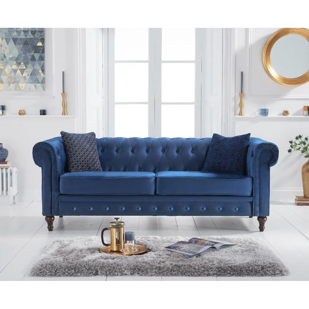 Calama Blue Velvet 3 Seater Sofa – image 2