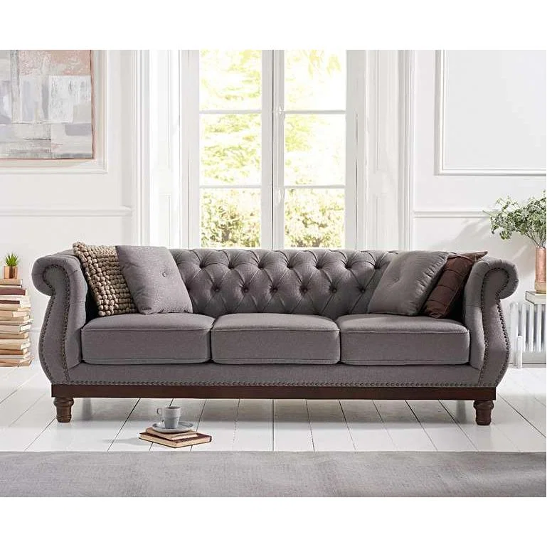 Ex-display Henbury Chesterfield Grey Linen 3 Seater Sofa – image 1