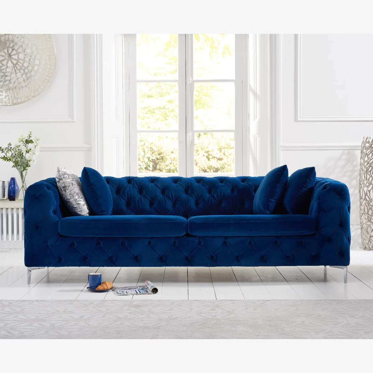 Alara Blue Velvet 3 Seater Sofa – image 1