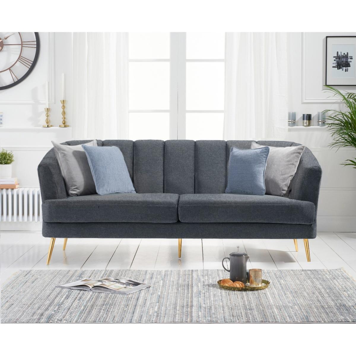 Lulu 3 Seater Sofa in Grey Linen with Gold Legs – image 2