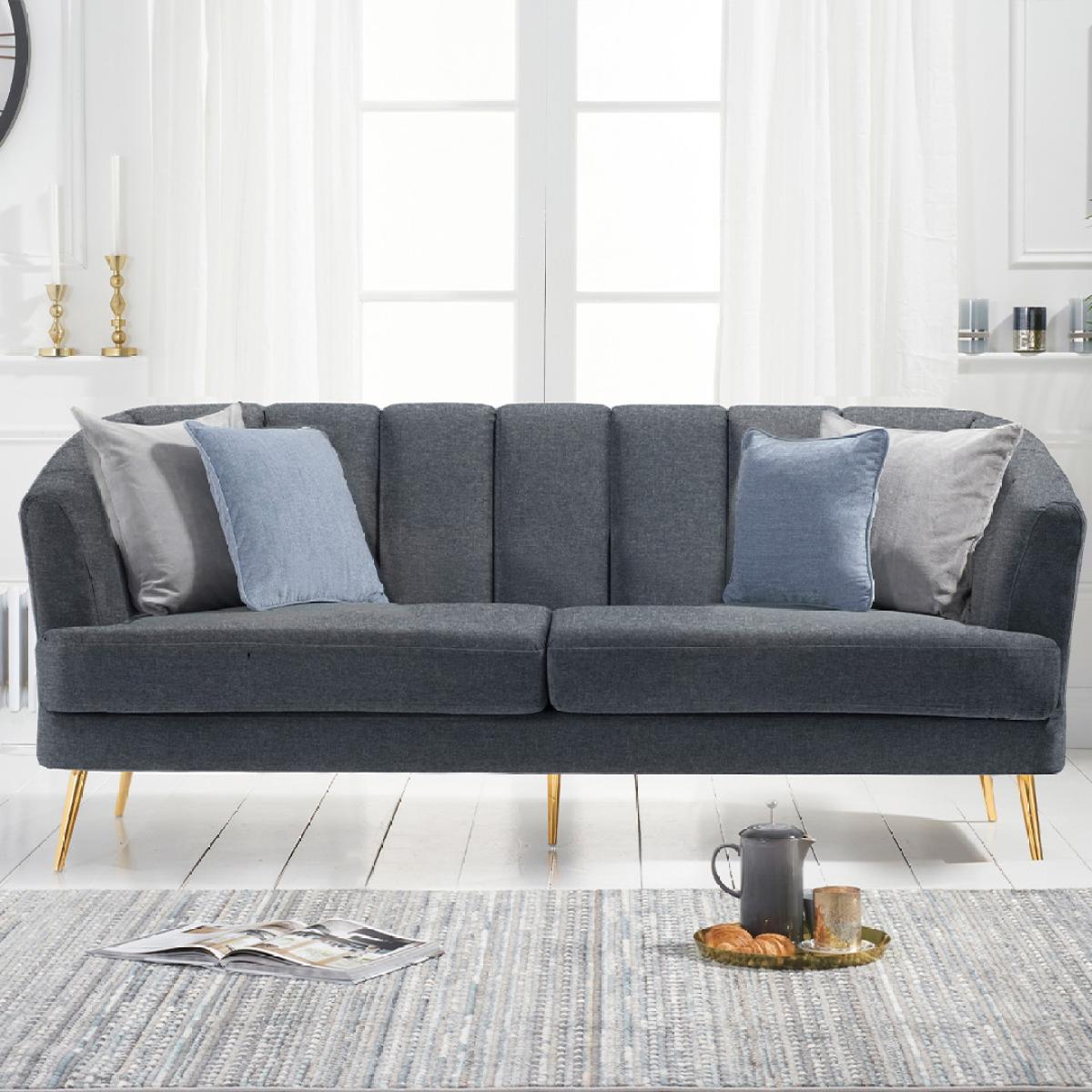 Lulu 3 Seater Sofa in Grey Linen with Gold Legs – image 1