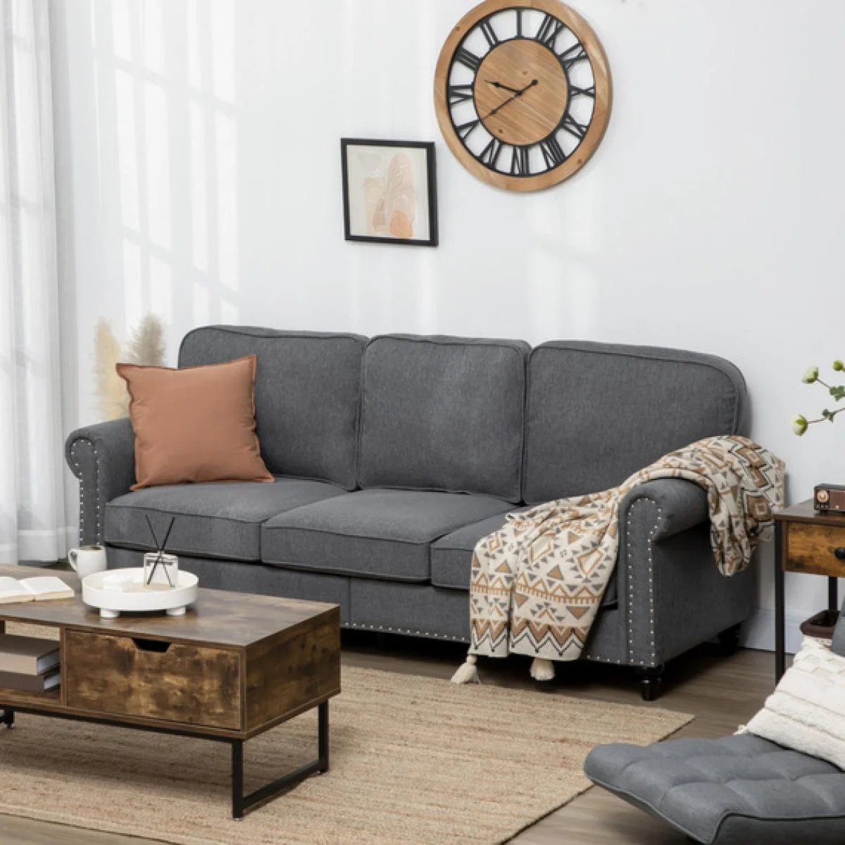 3 Seater Sofas for Living Room, Fabric Couch with Nailhead Trim - Grey