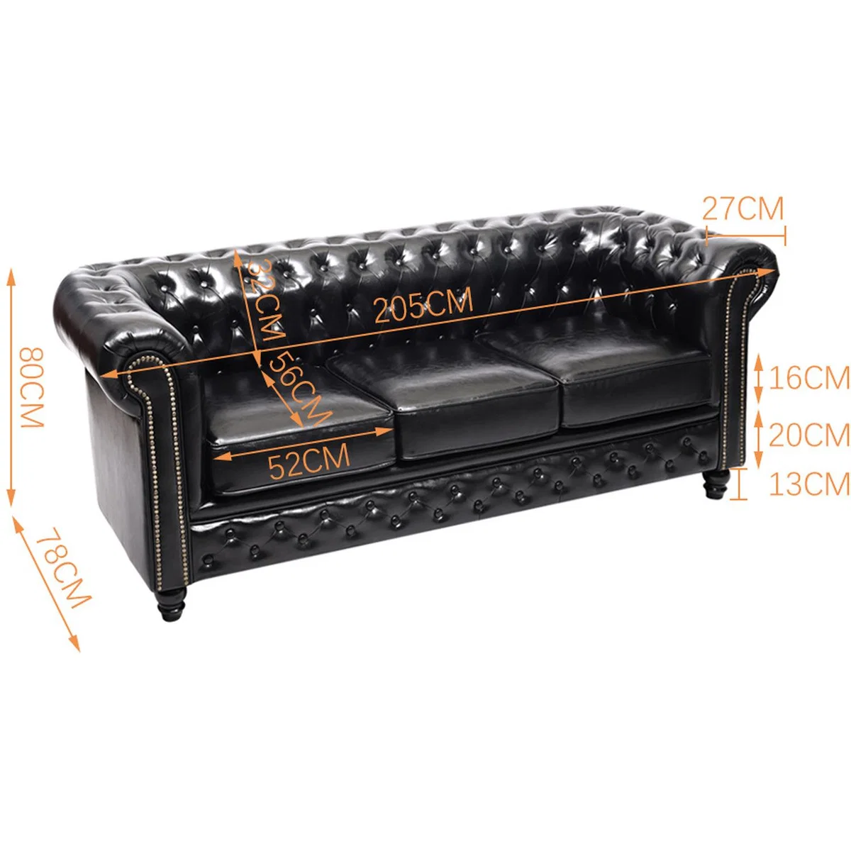 Leather Three Seat Chesterfield Sofa Black - Black – image 2