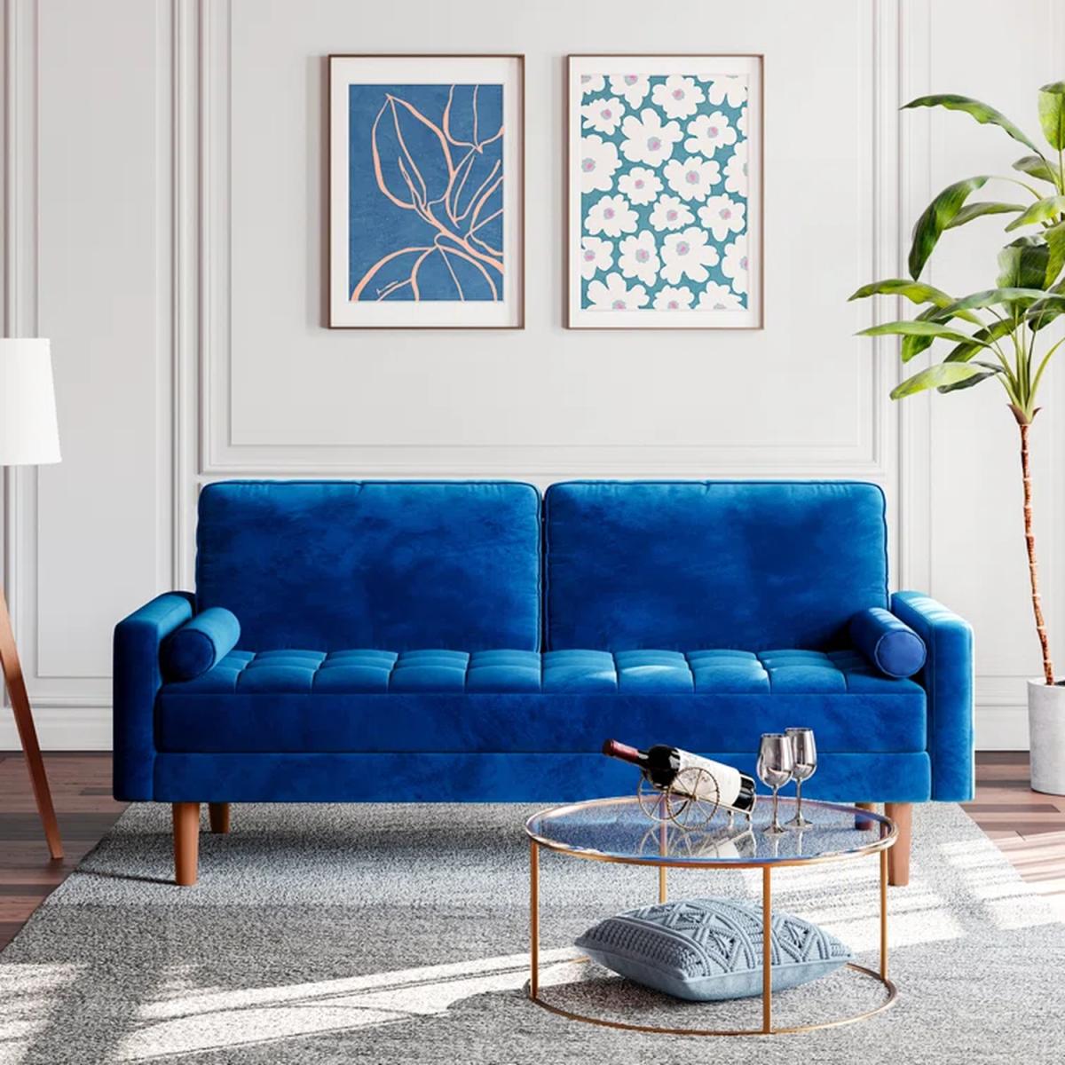 Modern Love Seat Sofas 3 Seater Sofa with 2 Bolster Pillows - Sapphire Blue – image 2