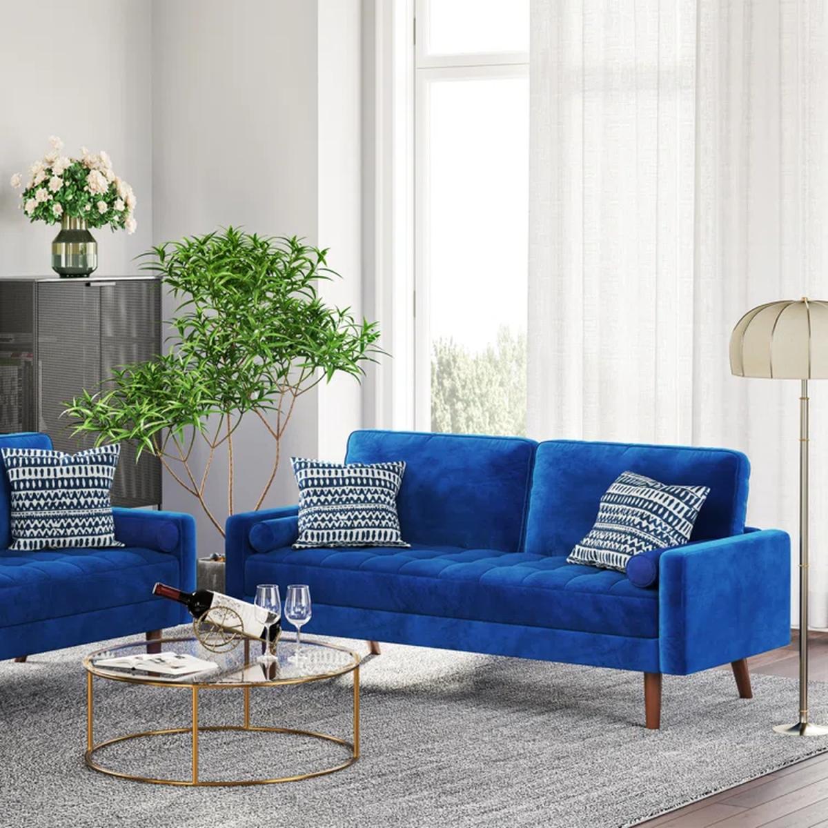 Modern Love Seat Sofas 3 Seater Sofa with 2 Bolster Pillows - Sapphire Blue – image 3